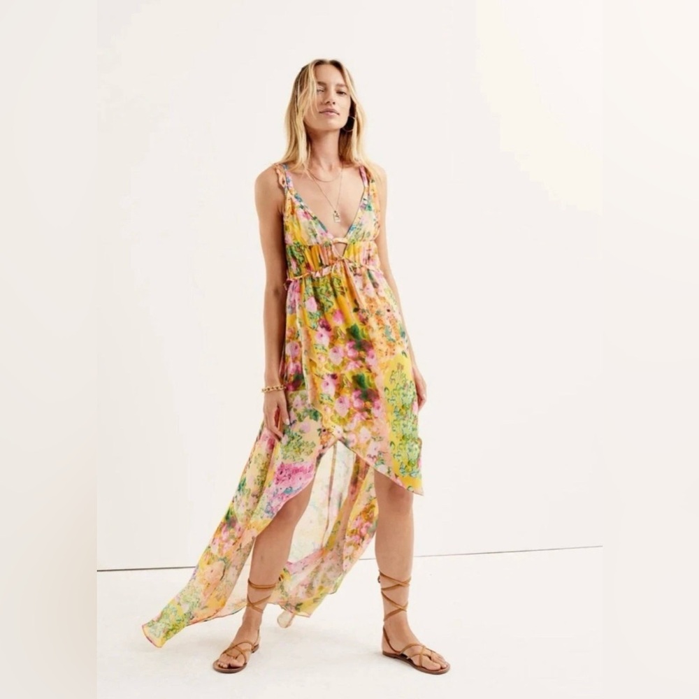 For Love & Lemons Floral Chiffon Asymmetric Madison Maxi Dress Bodysuit Size XS